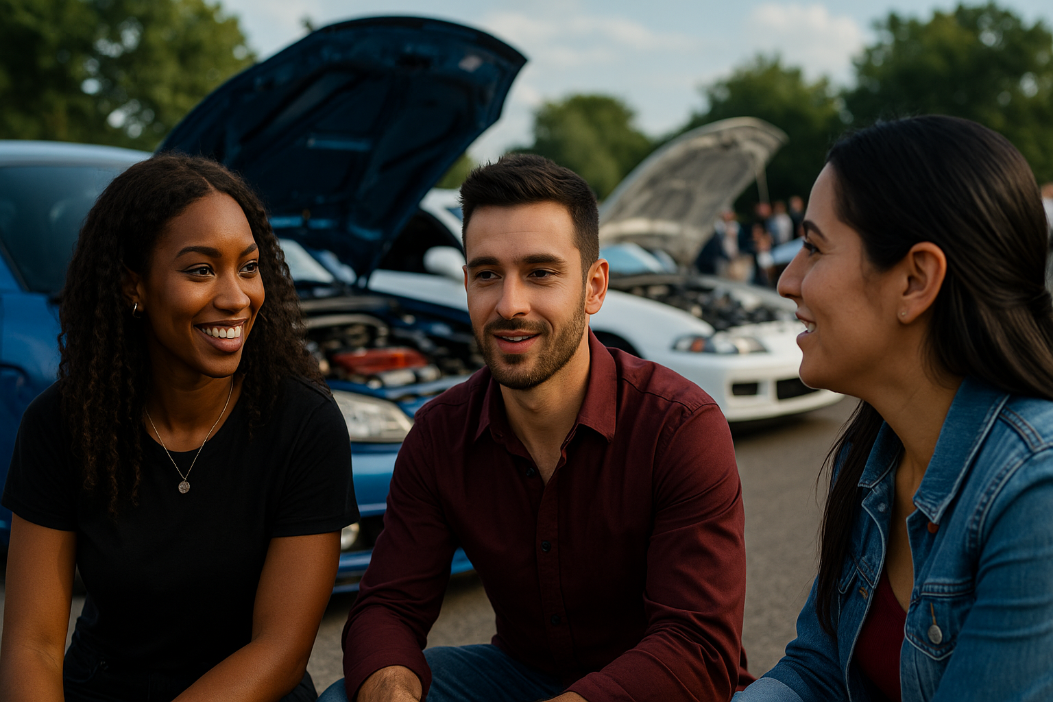 Friends talking at a car meet, representing the Carvia community